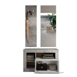 Set de Meuble d'entrée Ancona coloris effet béton avec tiroir Laqué Blanc L91 cm