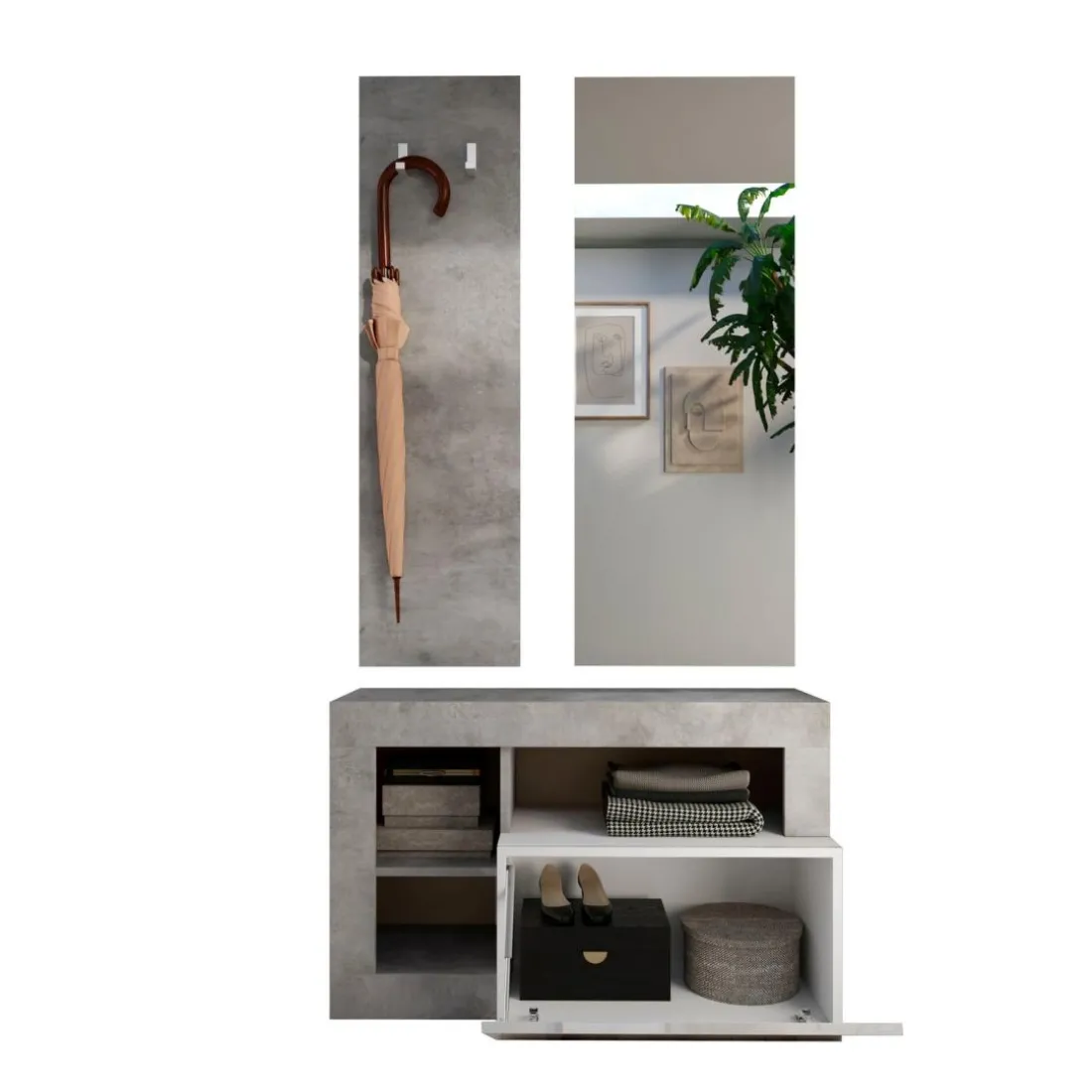 Set de Meuble d'entrée Ancona coloris effet béton avec tiroir Laqué Blanc L91 cm