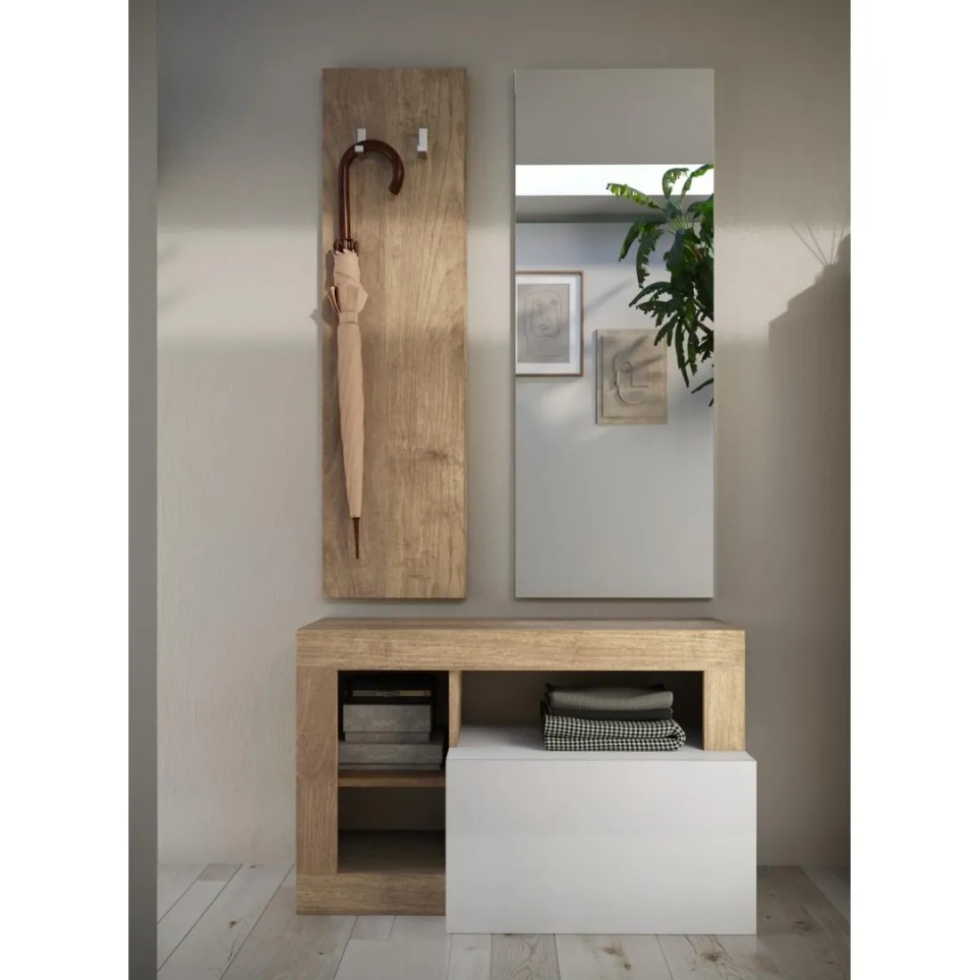 Set de Meuble d'entrée comprenant 3 pieces : Meuble a chaussure et Miroir Porte manteau L91 cm