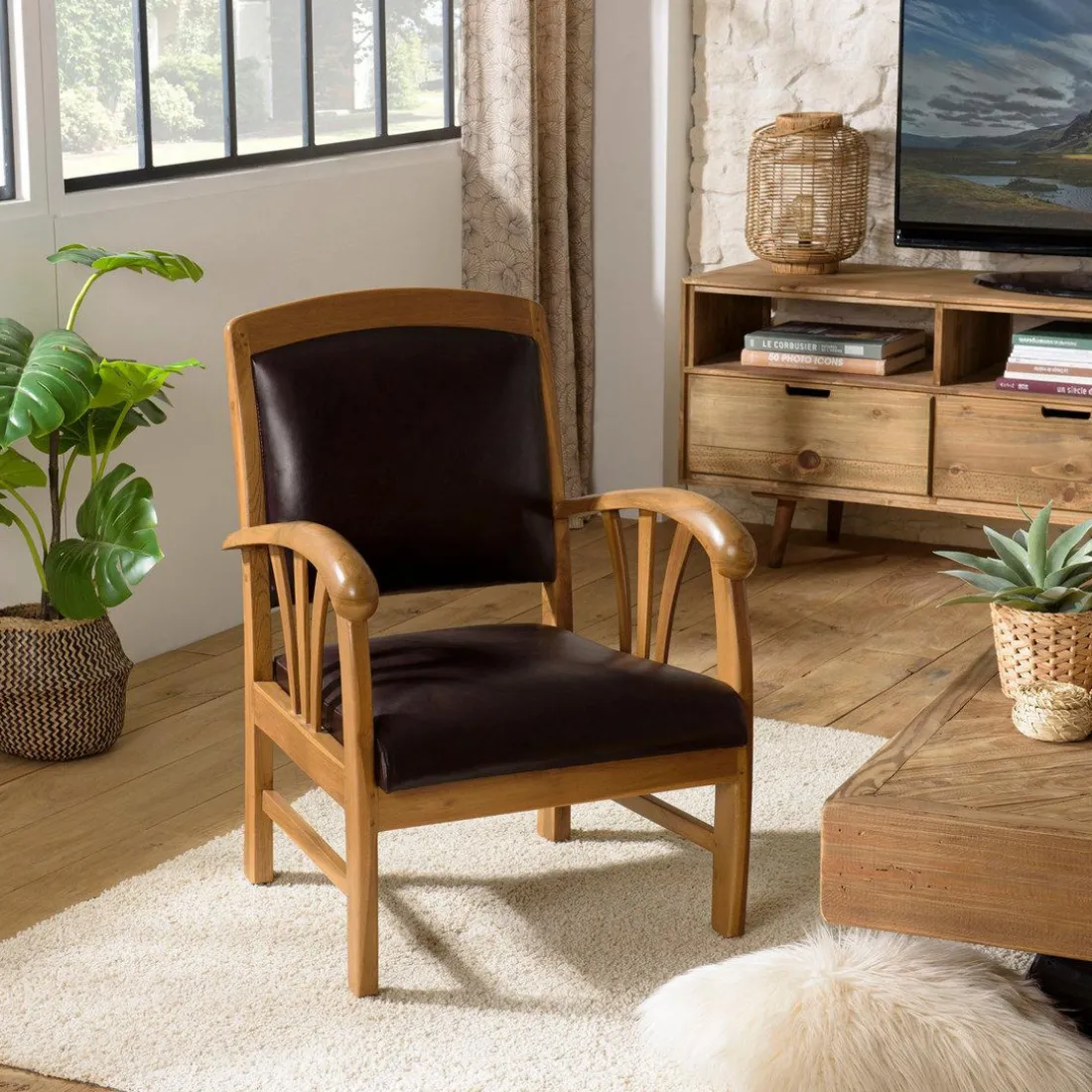 Sofa en teck et cuir design colonial - Marron