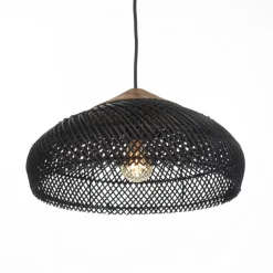 Suspension en rotin couleur noire et teck recyclé SIXTINE