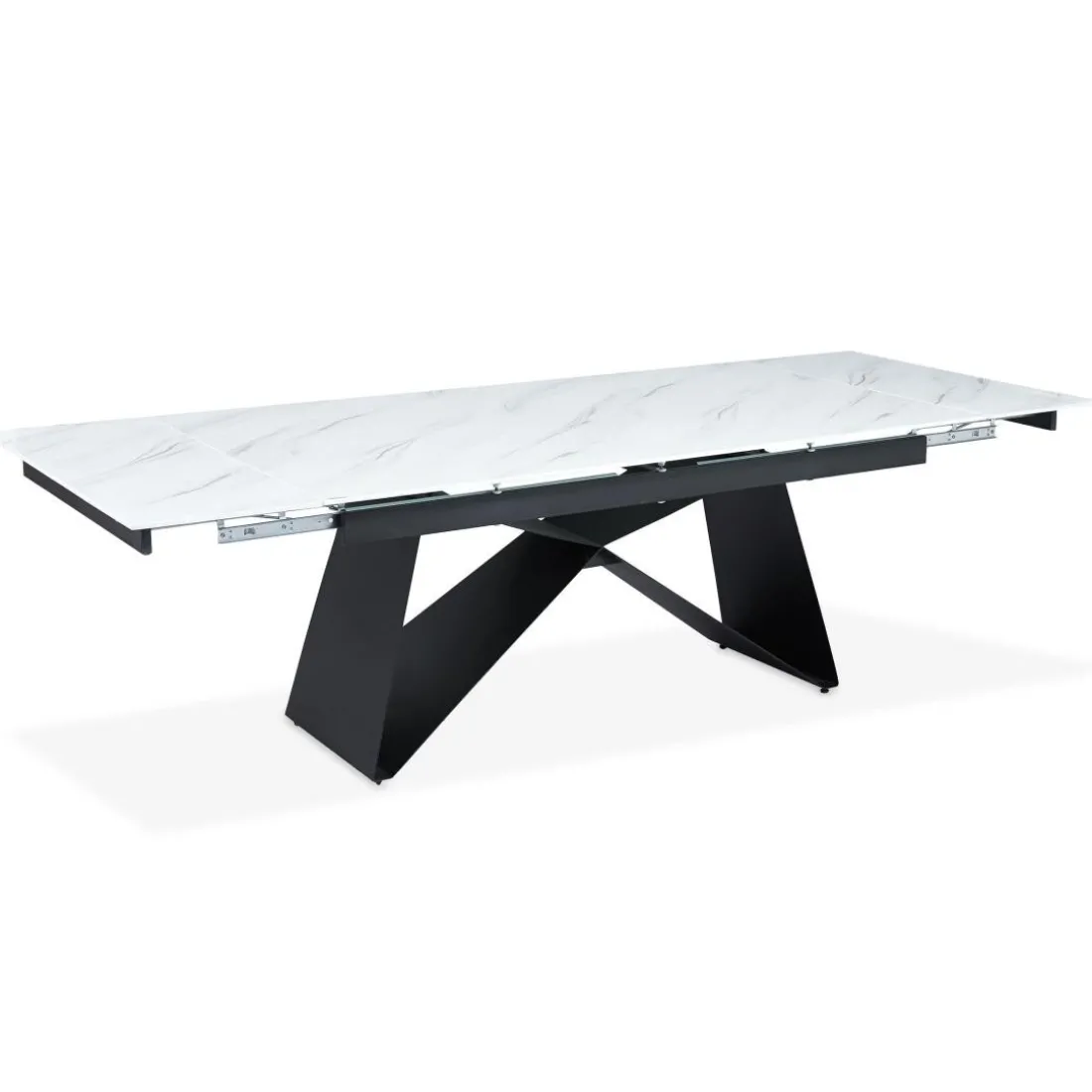 Table à manger extensible Mogarie en Verre effet marbre blanc et pieds Métal Noir