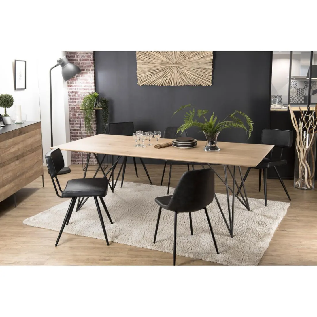 Table À Manger MAXENCE 220X100 Bois Chêne Pieds Croisés Métal