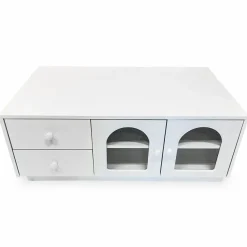 Table basse avec portes et tiroirs style naturel chic Volos Blanc texturé