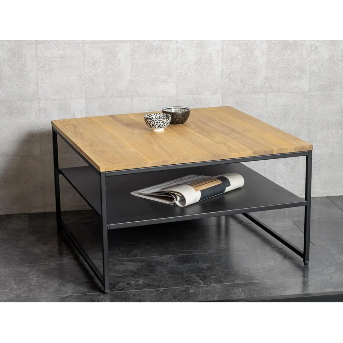 Table basse deux niveaux chène et métal