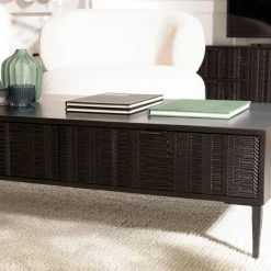 Table basse en manguier avec 2 tiroirs sculptés et pieds métal GLORIA noire