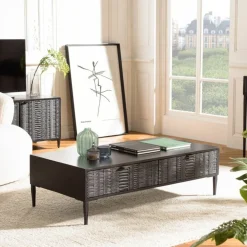 Table basse en manguier avec 2 tiroirs sculptés et pieds métal GLORIA noire