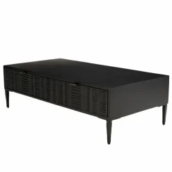Table basse en manguier avec 2 tiroirs sculptés et pieds métal GLORIA noire