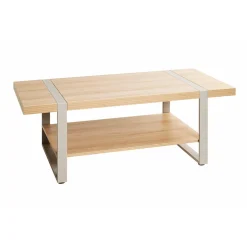 Table basse en tube d'acier peint par poudrage en gris cachemire, étagères en panneau de particules