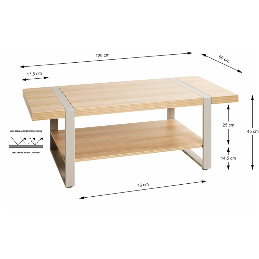 Table basse en tube d'acier peint par poudrage en gris cachemire, étagères en panneau de particules