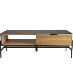Table basse marron et noire 2 tiroirs 1 niche Pin pieds métal