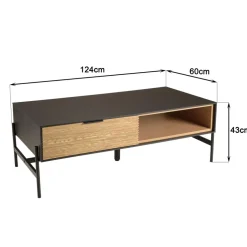 Table basse marron et noire 2 tiroirs 1 niche Pin pieds métal