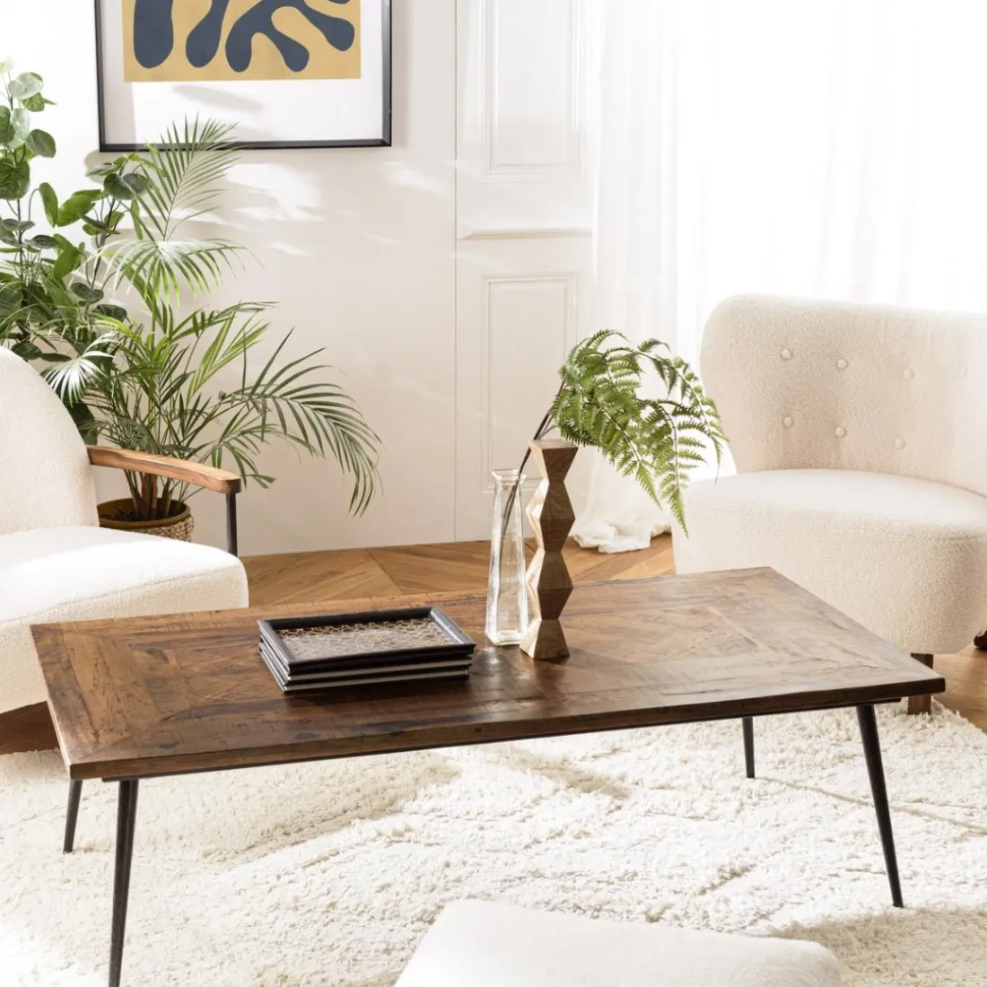 Table basse rectangulaire en bois recyclé formes géométriques KIARA