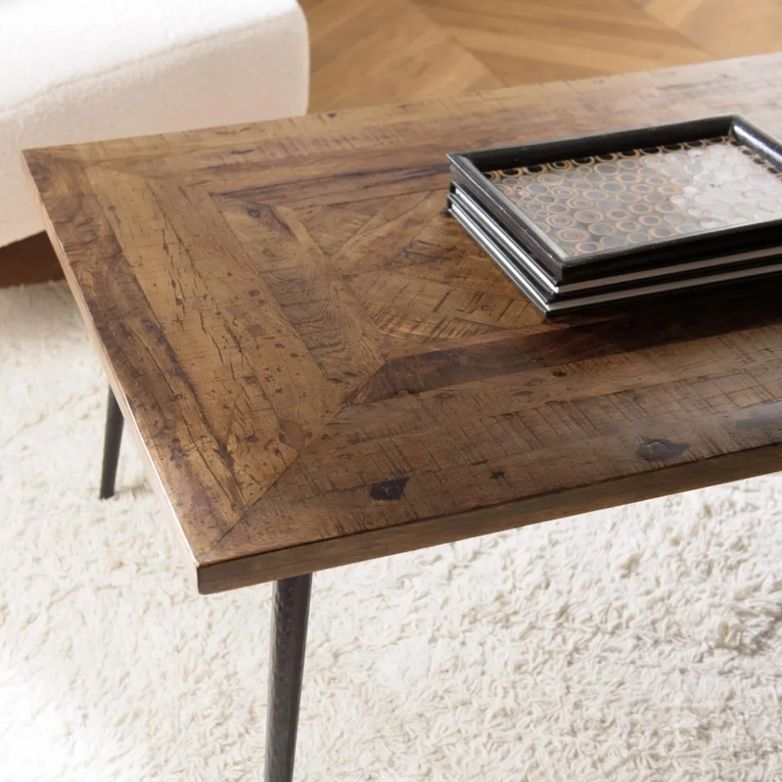Table basse rectangulaire en bois recyclé formes géométriques KIARA