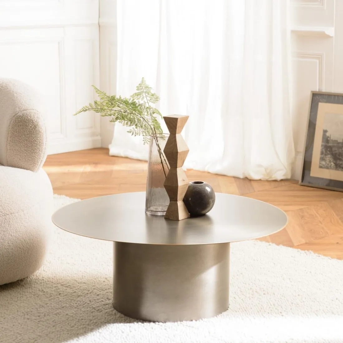 Table basse ronde en Fer Noir et bordure Dorée JAMES D80 cm