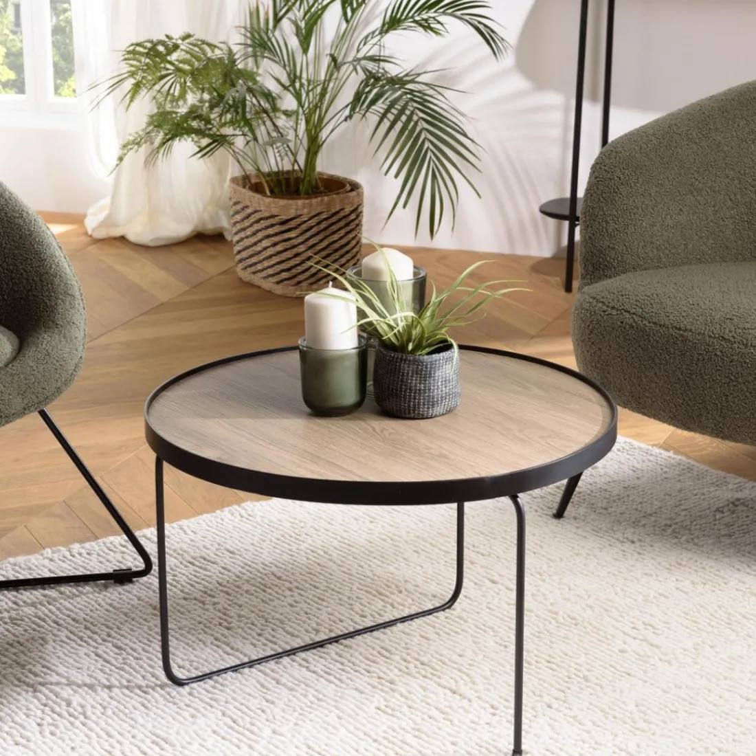 Table basse ronde mocha pieds asymétriques métal noir JULIA