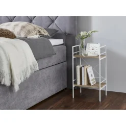 Table d'appoint Blanc avec 2 étages décor chêne clair et pieds en Métal