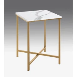 Table d'appoint carré en métal doré et plateau décor marbre