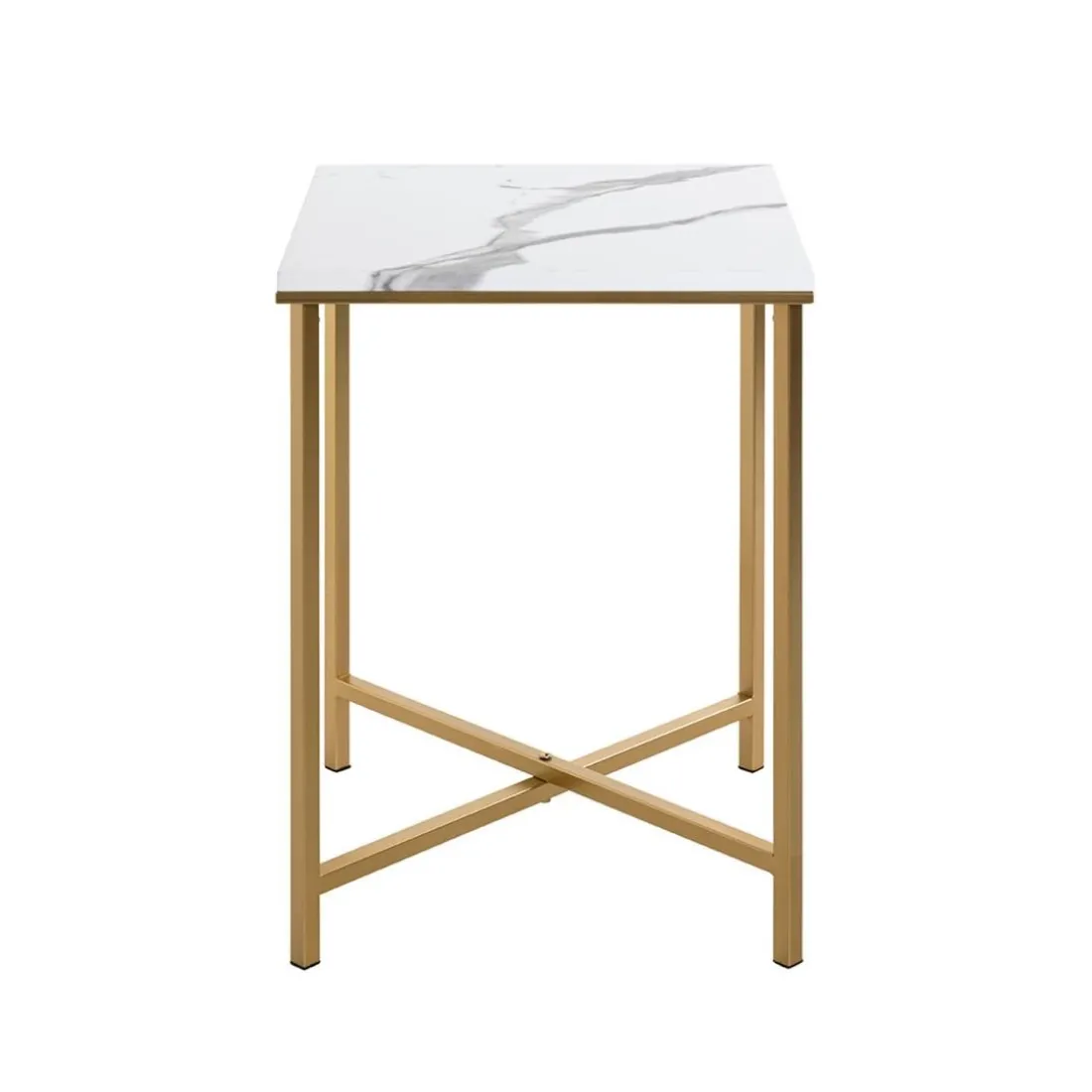 Table d'appoint carré en métal doré et plateau décor marbre