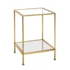 Table d'appoint carré en tube d'acier laqué or avec plateau de dessous en miroir et plateau de dessus en verre trempé transparent