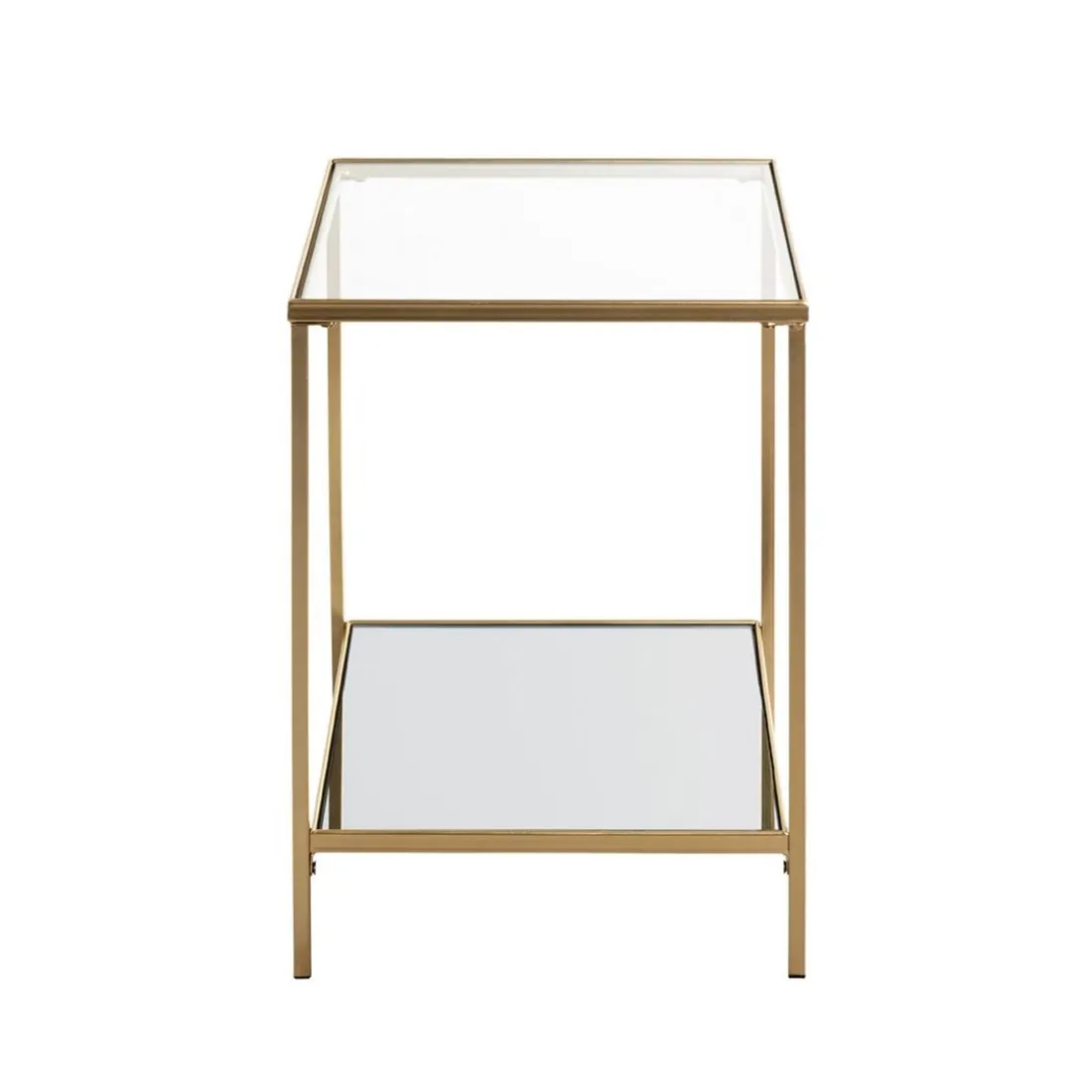 Table d'appoint carrée acier laqué d’or et plateaux miroir et verre trempé