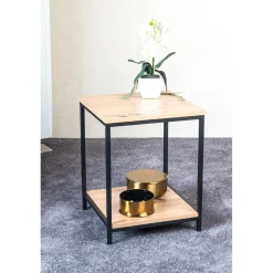 Table d'appoint deux niveaux plateaux décor chêne