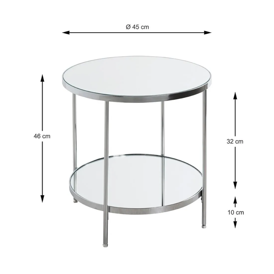 Table d'appoint en métal chromé et étagères en verre