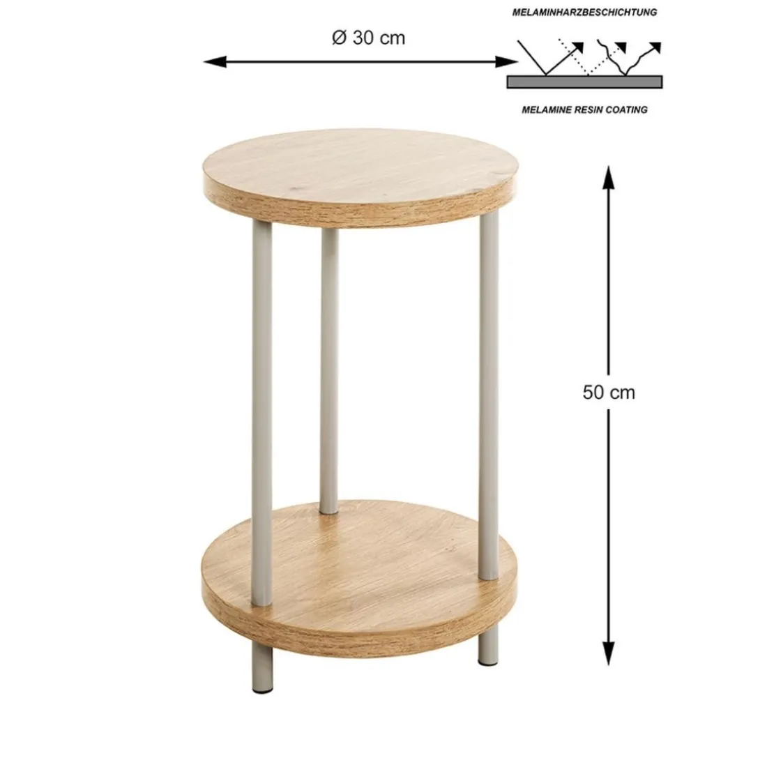 Table d'appoint en métal gris étagères décor chêne
