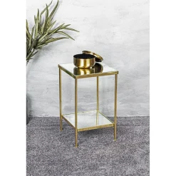 Table d'appoint en métal laitonné et étagères en verre