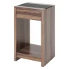 Table d'appoint finition noyer tiroir integré plateau verre trempé
