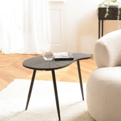 Table d’appoint ovoïde plateau texturé Noir mat et pieds Fer noir JAMES