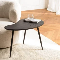 Table d’appoint ovoïde plateau texturé Noir mat et pieds Fer noir JAMES