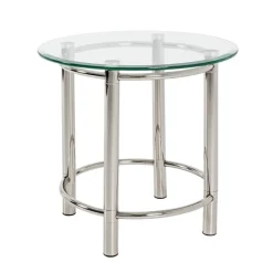 Table d'appoint ronde acier chromé poli plateau verre trempé