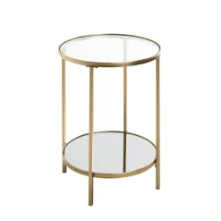 Table d'appoint ronde acier laqué d’or et plateaux miroir et verre trempé