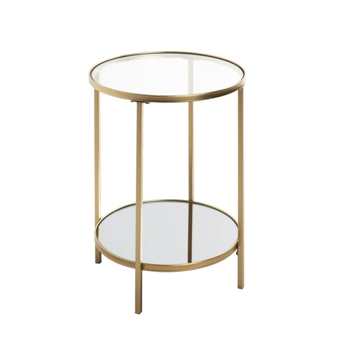 Table d'appoint ronde acier laqué d’or et plateaux miroir et verre trempé