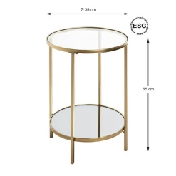 Table d'appoint ronde acier laqué d’or et plateaux miroir et verre trempé