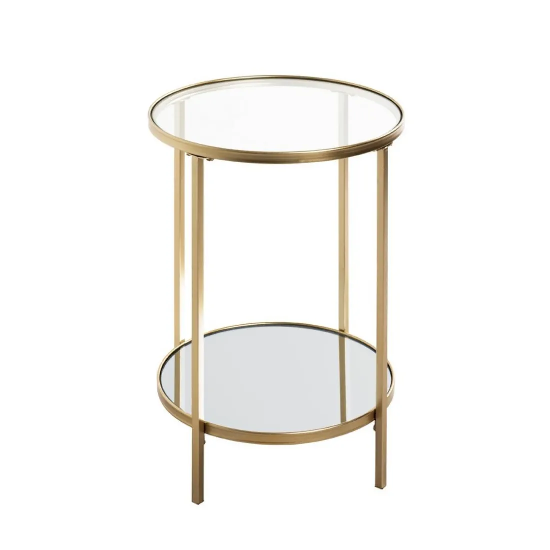 Table d'appoint ronde acier laqué d’or et plateaux miroir et verre trempé
