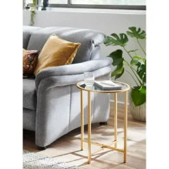 Table d'appoint ronde Dorée en Métal laqué et plateau en miroir