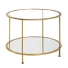 Table d'appoint ronde en tube d'acier laqué or avec plateau de dessous en miroir et plateau de dessus en verre trempé transparent