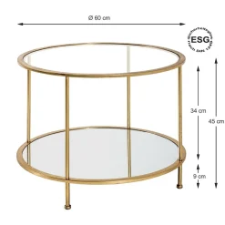 Table d'appoint ronde en tube d'acier laqué or avec plateau de dessous en miroir et plateau de dessus en verre trempé transparent