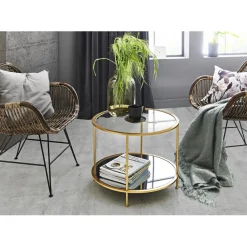 Table d'appoint ronde en tube d'acier laqué or avec plateau de dessous en miroir et plateau de dessus en verre trempé transparent