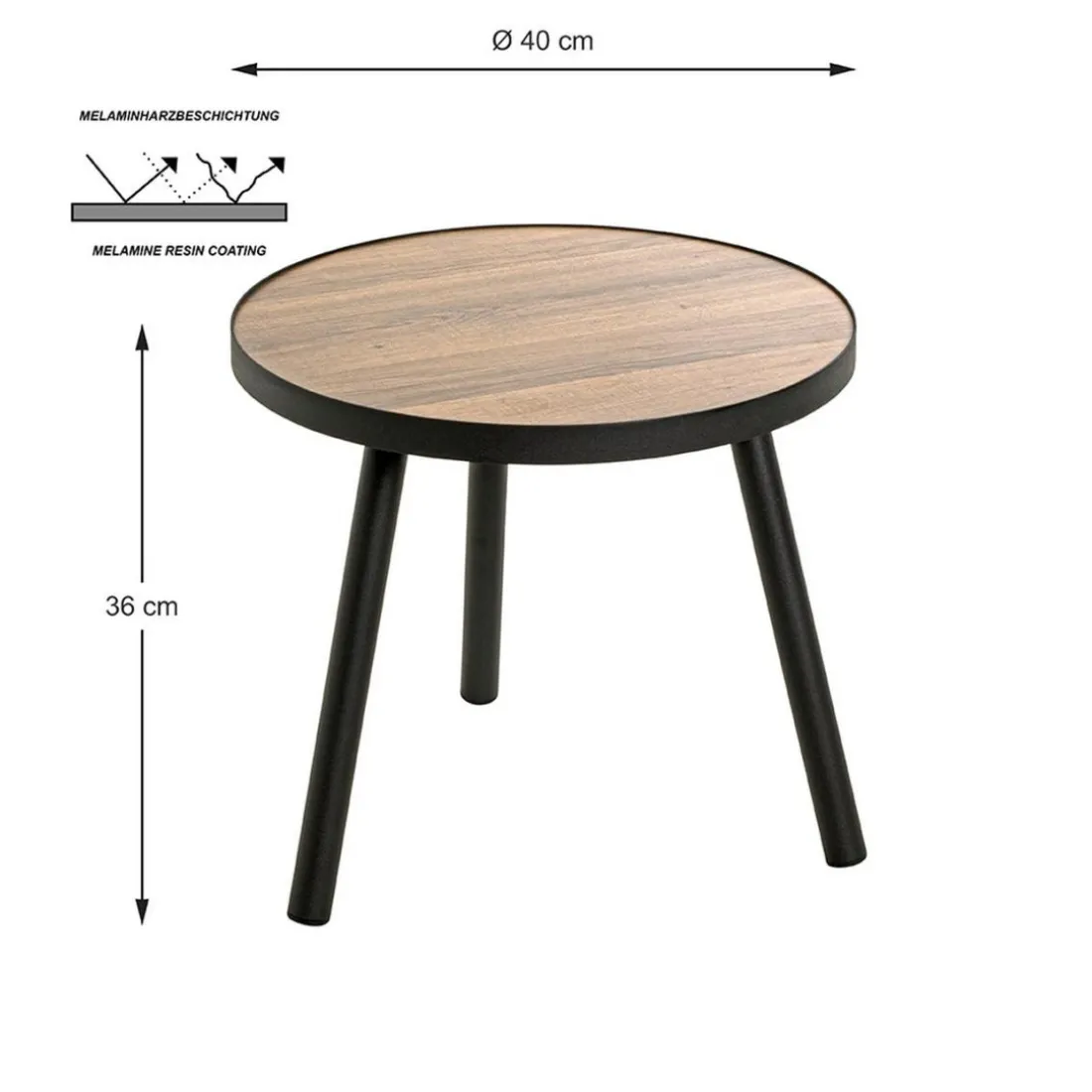 Table d'appoint ronde petit modèle Noir en métal laqué et plateau décor chêne
