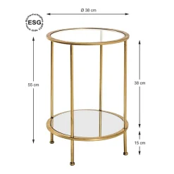 Table d'appoint ronde Tube d'acier laqué or avec plateau du dessous en miroir et plateau du dessus en verre trempé transparent
