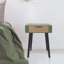 Table de Chevet 1 Tiroir En Bois Vert Kaki