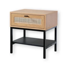 Table de Chevet 1 Tiroir Rotin avec Étagère en bois Beige
