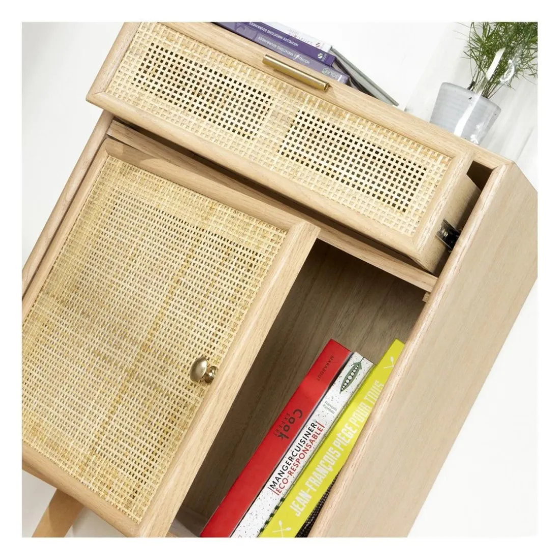 Table de chevet avec cannage en rotin naturel