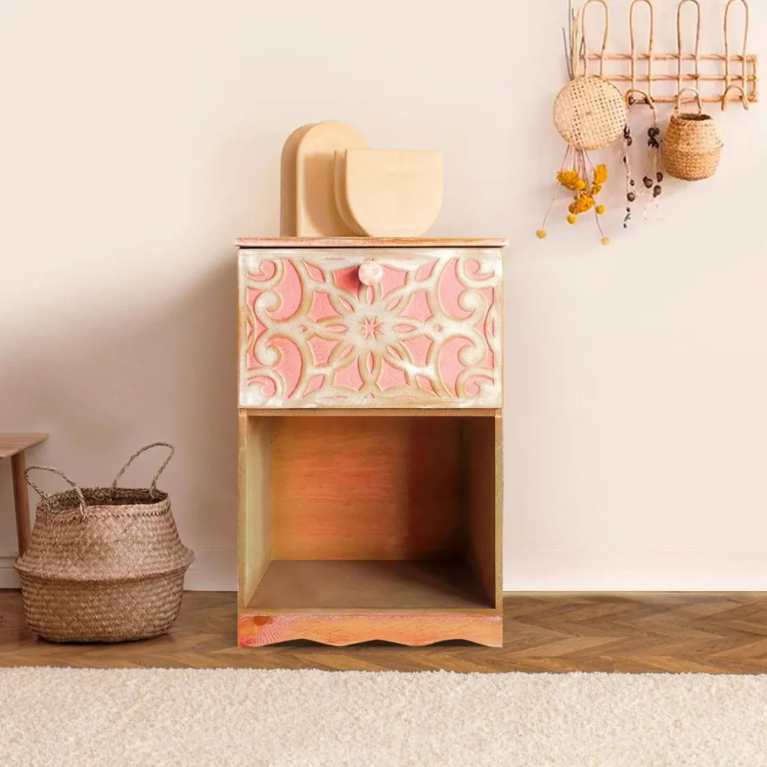 Table de chevet style oriental bois sculpté 1 porte Monbolyto Bois Rose