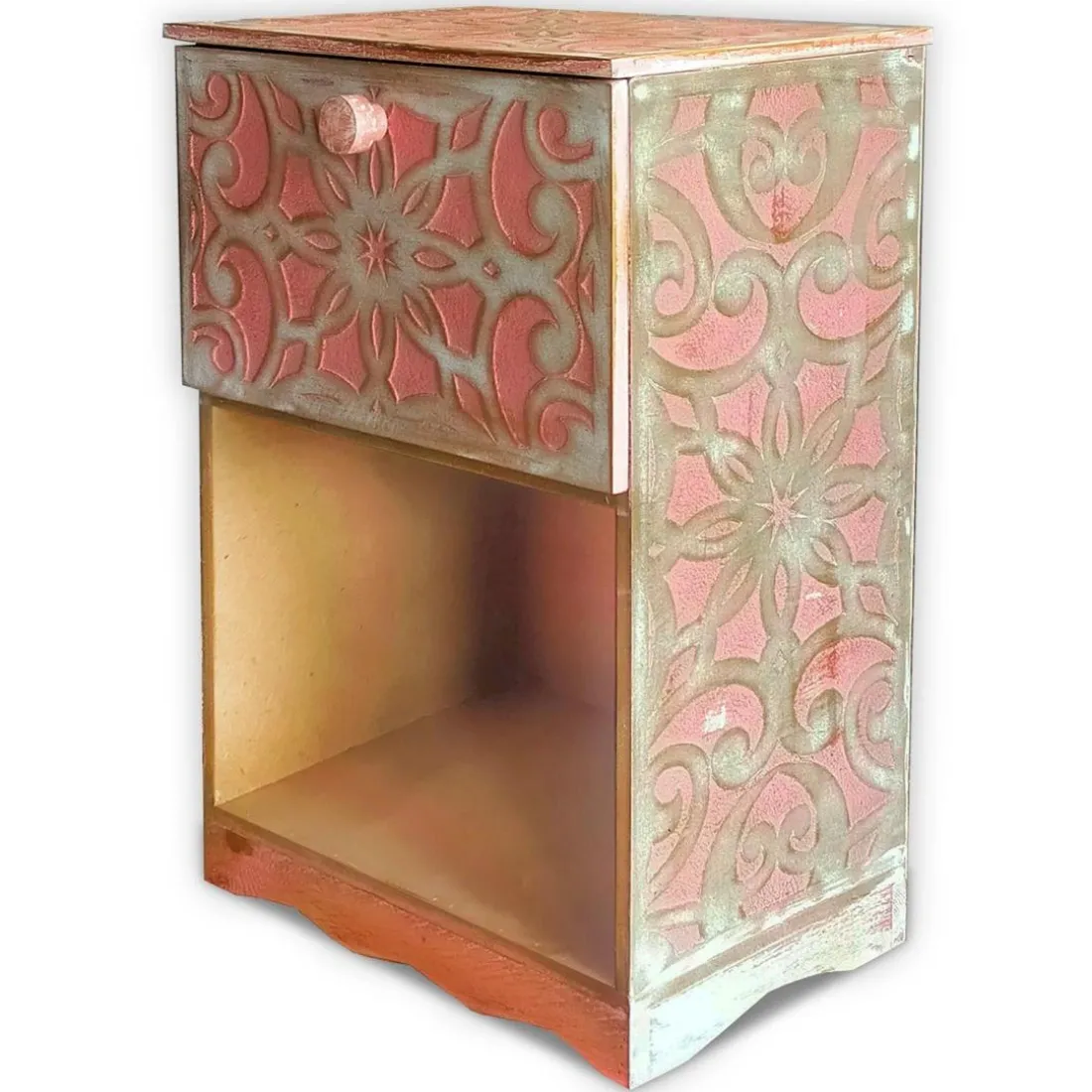 Table de chevet style oriental bois sculpté 1 porte Monbolyto Bois Rose