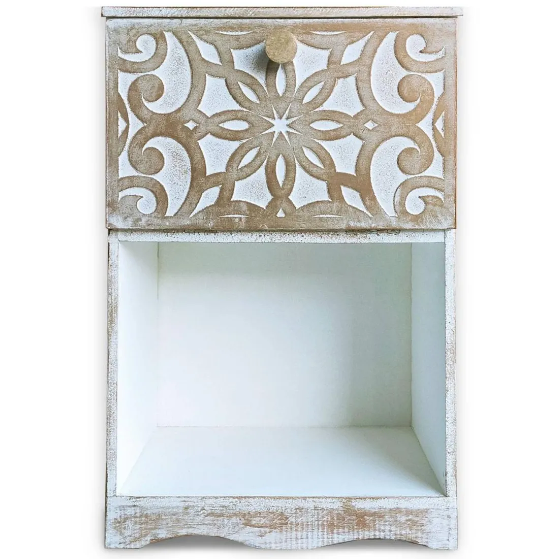 Table de chevet style oriental bois sculpté 1 porte Monbolyto Blanc patiné or
