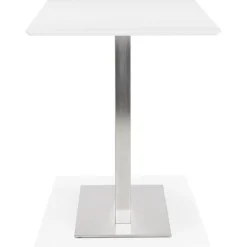Table haute design blanche avec pied en métal brossé